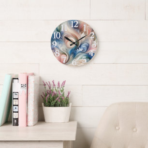 Grande Horloge Ronde Fantaisie florale aquarelle pastel bleu et crème