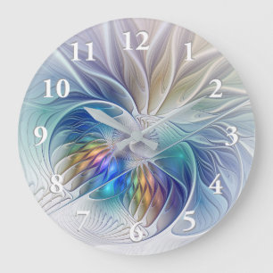 Grande Horloge Ronde Fantaisie florale, fleur fractale abstraite coloré