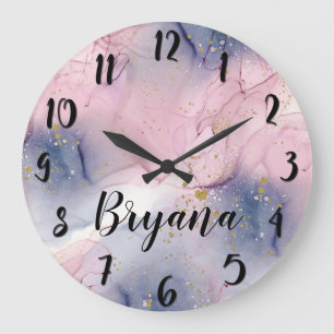 Grande Horloge Ronde Fantaisie Glamour Rose Pervenche Éthérée et Or Enc