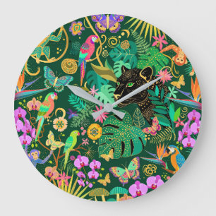 Grande Horloge Ronde Fantasie surréaliste exotique dorée de la jungle