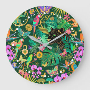 Grande Horloge Ronde Fantasie surréaliste exotique dorée de la jungle