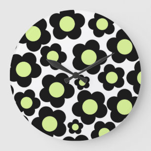 Grande Horloge Ronde Fantasque floral noir et vert citron rétro joyeux