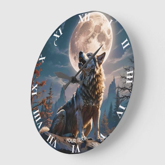 Grande Horloge Ronde Fantasy Mignonne Loup hurlant vers la lune (Angle)