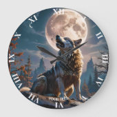 Grande Horloge Ronde Fantasy Mignonne Loup hurlant vers la lune (Recto)