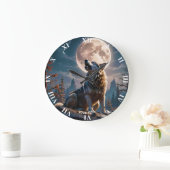Grande Horloge Ronde Fantasy Mignonne Loup hurlant vers la lune (Maison)