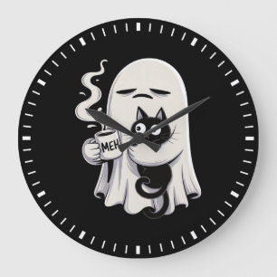 Grande Horloge Ronde Fantôme Grincheux Chat Noir Café Matin Humeur