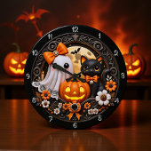 Grande Horloge Ronde Fantôme mignon et chat noir