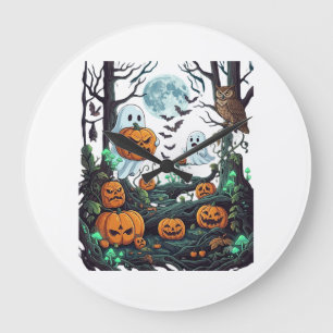 Grande Horloge Ronde Fantômes d'Halloween Citrouilles effrayantes Hibou