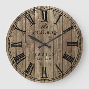 Grande Horloge Ronde Farmhouse Russe Nom de famille Wood Planks Pays