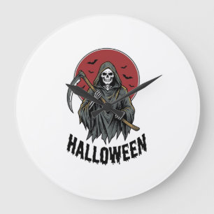 Grande Horloge Ronde Faucheur Halloween Gravure Vintage Art_1