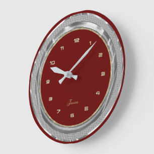 Grande Horloge Ronde Faux Argent & Or Bordure Arrière - plan rouge pers