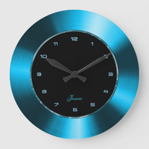 Grande Horloge Ronde Faux Bleu Design Métallisé Aspect Acier Inoxydable