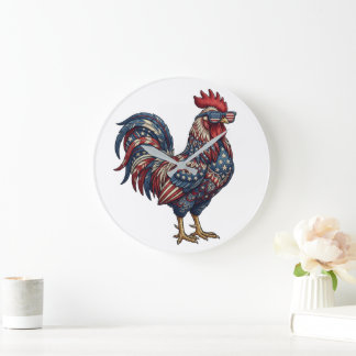 Grande Horloge Ronde Faux Coq Patriotique Brodé