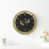Grande Horloge Ronde Faux Gold Chickens With Black Background 2 (Maison)