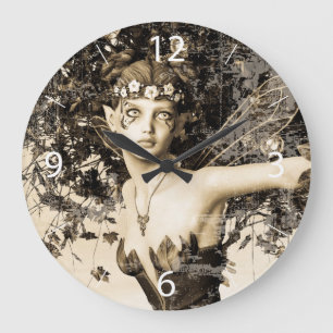 Grande Horloge Ronde Fée de printemps Bois Antique Photo Fantaisie Art