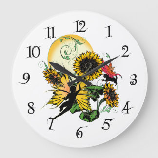 Grande Horloge Ronde Fée de tournesol et chat cosmique