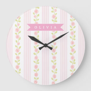 Grande Horloge Ronde Féminine rose personnalisée à pois fleuris coquett