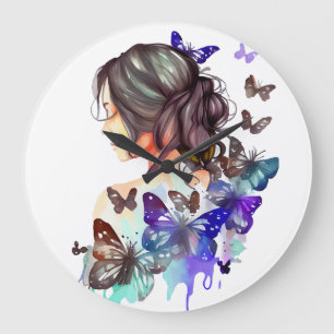 GRANDE HORLOGE RONDE FEMME À L'AQUARELLE MAGNIFIQUE AVEC PAPILLONS