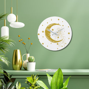 Grande Horloge Ronde Femme céleste, lune étoiles, boho, astronomie élég