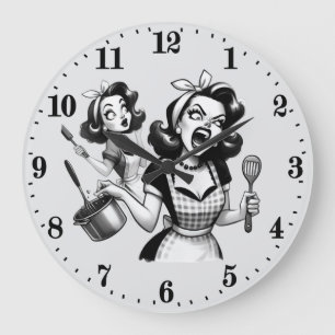 Grande Horloge Ronde Femme de cuisine vintage amusante