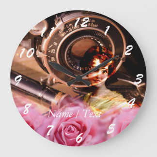 Grande Horloge Ronde Femme vintage unique avec appareil photo rose et v