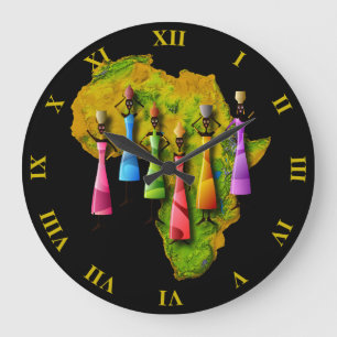Grande Horloge Ronde Femmes Africaines En Robe Colorée Sur La Carte De 