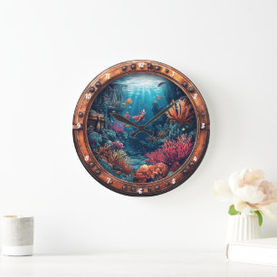Grande Horloge Ronde Fenêtre nautique Perdu Trésor Coral Reef Épave