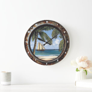 Grande Horloge Ronde Fenêtre nautique Rustique Tropical Voilier