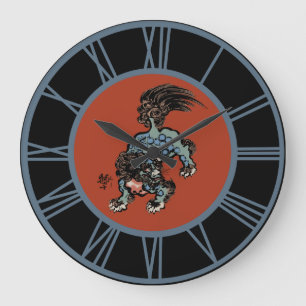 Grande Horloge Ronde Feng Shui Lion Shi Chinois Nombres Bleus