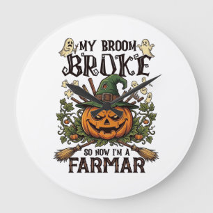 Grande Horloge Ronde Ferme Broom Broke Citrouille d'Halloween Sorcière 