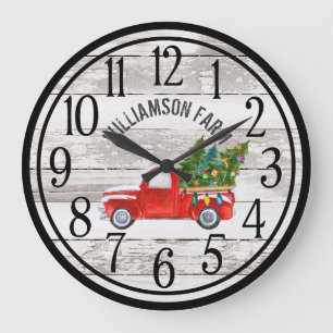 Grande Horloge Ronde Ferme Chippy Bois Camion de Noël Nom de famille