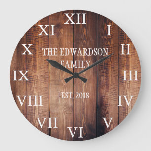 Grande Horloge Ronde Ferme rustique de nom de famille en bois foncé