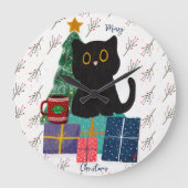 Grande Horloge Ronde Festif Joyeux Noël mignon Cat noir café Art (Recto)