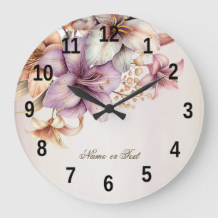 Grande Horloge Ronde Fête Aquarelle Boho Rose Fleurs Élégant