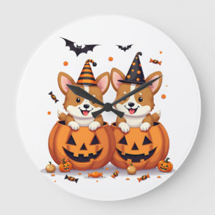 Grande Horloge Ronde Fête de Corgi Citrouille