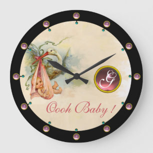 GRANDE HORLOGE RONDE FÊTE DE NAISSANCE BÉBÉ FILLE STORK PIERRE PINKGEM