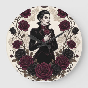 Grande Horloge Ronde Fête d'Halloween Vampire Gothique Rose de Bourgogn