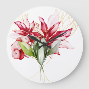 Grande Horloge Ronde Fête d'hiver poinsettia aquarelle fleurs