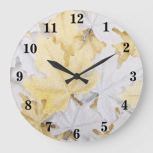 Grande Horloge Ronde Fête Hiver Blanc et Feuilles d'Érable Pailletées O