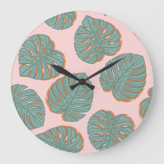 Grande Horloge Ronde Feuille de Monstera : Motif Vintage tropical