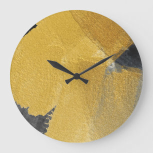 Grande Horloge Ronde Feuille d'or, conception noire abstraite