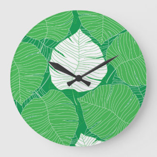 Grande Horloge Ronde feuille tropicale Abstraite, peinture artistique.