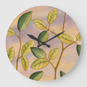 Grande Horloge Ronde Feuille vert et jaune sur l'arrière - plan de