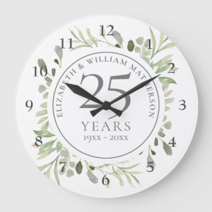 Grande Horloge Ronde Feuilles Aquarelle Douce 25e Anniversaire