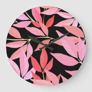 Grande Horloge Ronde Feuilles botaniques, motif sans couture colorée.