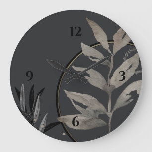 Grande Horloge Ronde Feuilles d'aquarelle artistique gris Cool unique