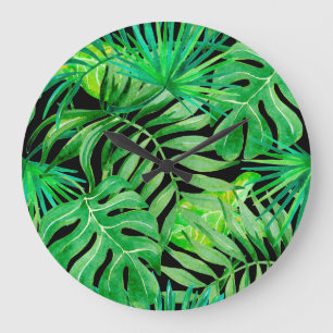 Grande Horloge Ronde Feuilles d'aquarelle tropicale : Élégance transpar