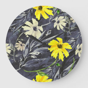 Grande Horloge Ronde Feuilles d'automne, baies : motif d'aquarelle.