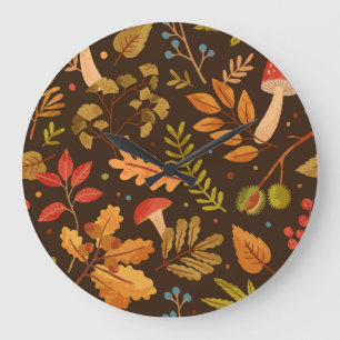 Grande Horloge Ronde Feuilles d'automne Champignons Motif Vintage