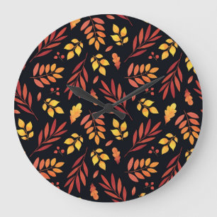 Grande Horloge Ronde Feuilles d'automne colorées Motif d'aquarelle